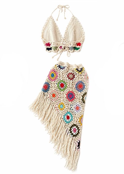 Women’s Crochet Halter Top & Fringe Skirt Set