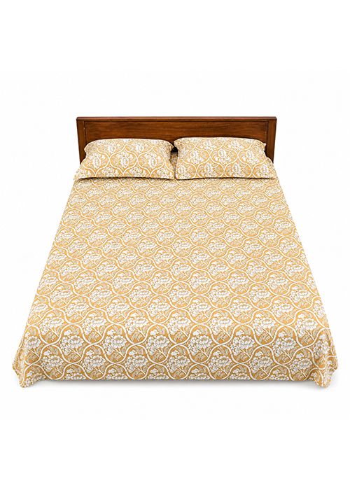 Mustard Floral Print Cotton Bedsheet Set