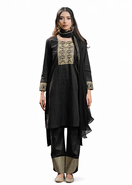 Black Silk Embroidered Kurta Pant Dupatta Set