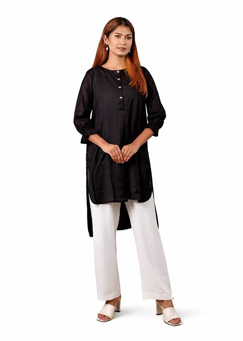 Black Cotton Minimal Button Kurti