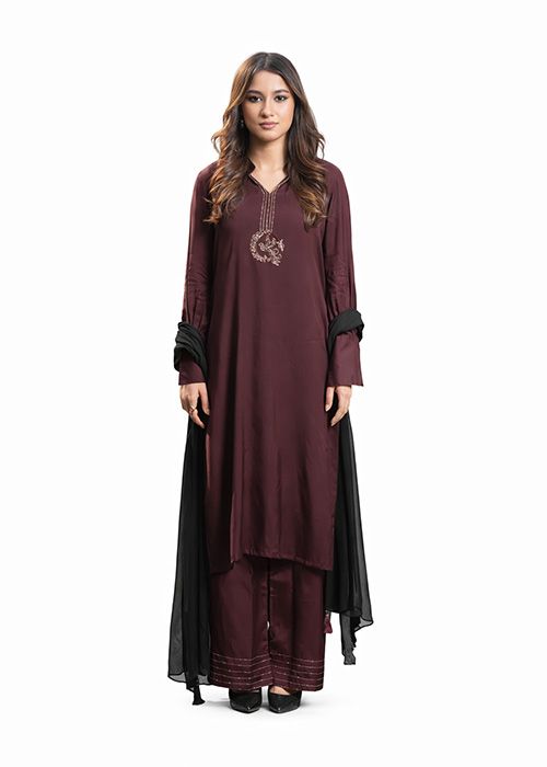 Burgundy Silk Embroidered Kurta Palazzo Set