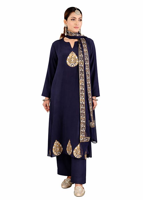 Navy Blue Embroidered Kurta Set with Dupatta