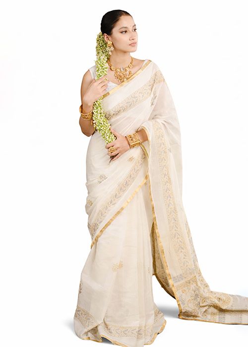 Off White Silk Saree with Gold Zari Border