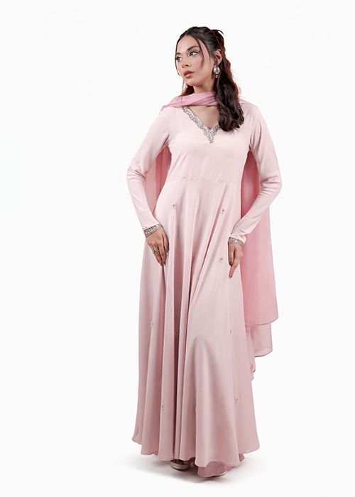 Blush Pink Georgette Embellished Anarkali Dress Set
