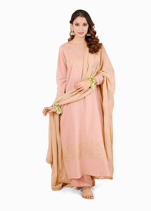 Peach Embroidered Chiffon Kurta Set with Dupatta