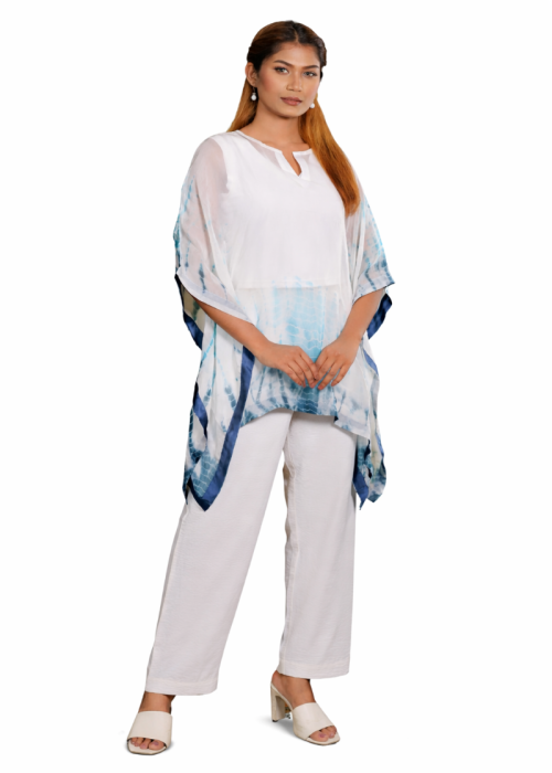White Tie Dye Kaftan Top with Wide Leg Pants