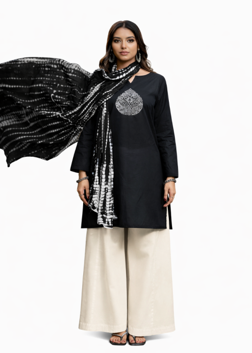 Black Cotton Kurta Palazzo Set with Printed Dupatta