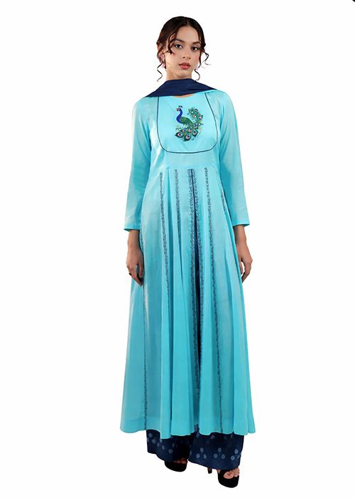 Turquoise Embroidered Georgette Anarkali Kurta Set