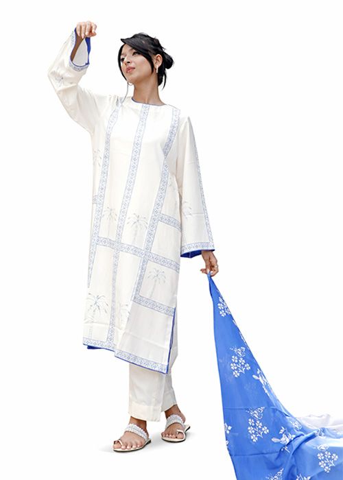Off White Printed Cotton Kurta Set with Blue Dupatta
