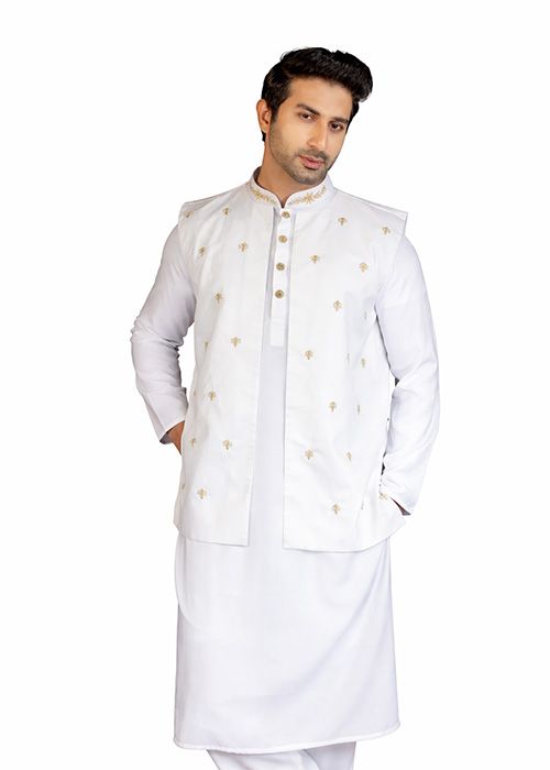 White Embroidered Cotton Kurta Pajama Set