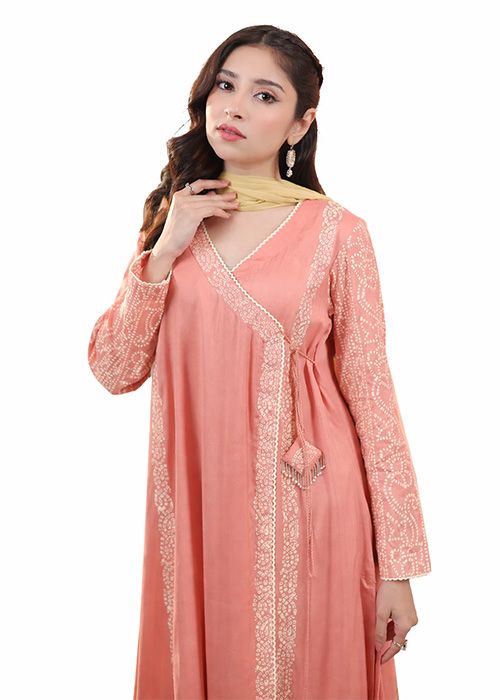 Peach Cotton Printed Wrap Style Kurta