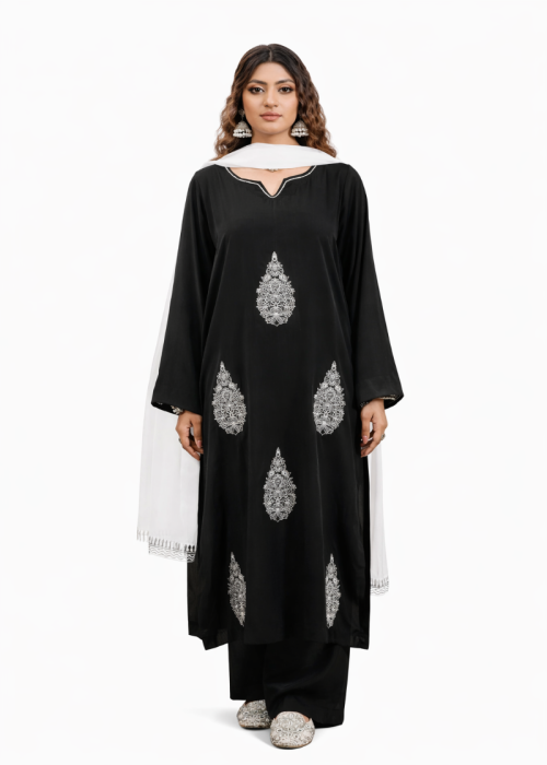 Black Embroidered Kurta Set with White Dupatta