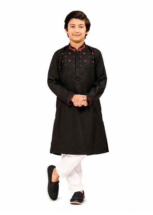 Boys Black Embroidered Cotton Panjabi