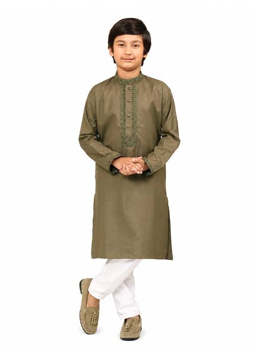 Boys Olive Green Embroidered Cotton Panjabi