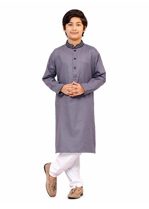 Boys Ash Blue Embroidered Cotton Panjabi