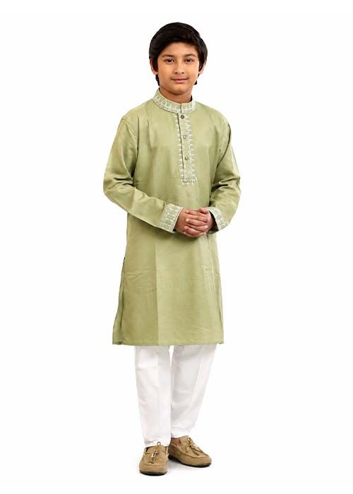 Boys Pistachio Embroidered Cotton Panjabi