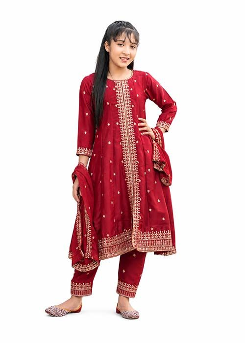Girls Maroon Embroidered Shalwar Kameez Set