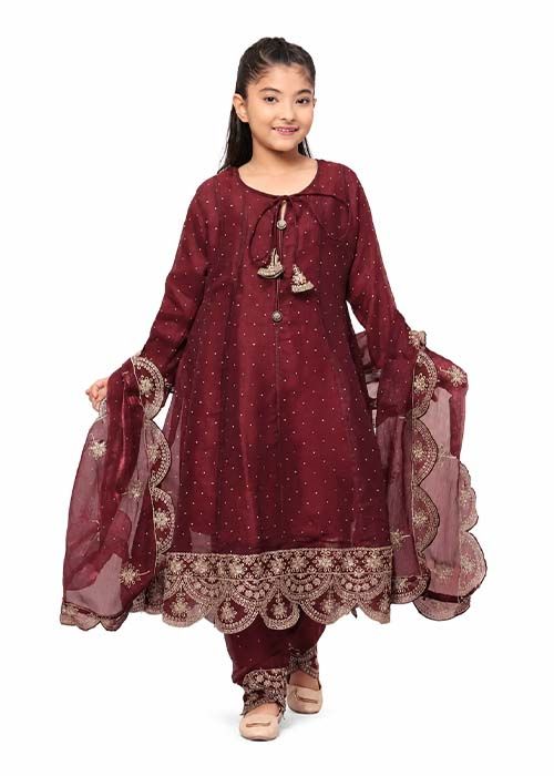Girls Maroon Embellished Shalwar Kameez Set