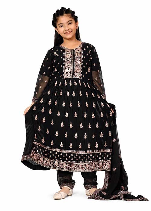 Girls Black Floral Embroidered Shalwar Kameez Set