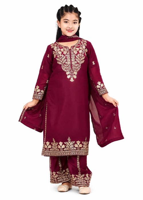 Girls Wine Embroidered Shalwar Kameez Set