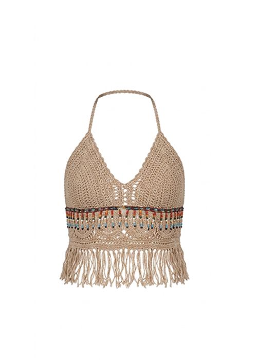 Boho Crochet Halter Fringe Top with Beaded Detail