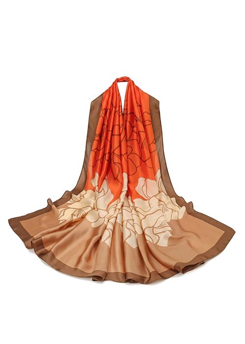 Orange Floral Print Silk Scarf – Elegant Gradient Wrap