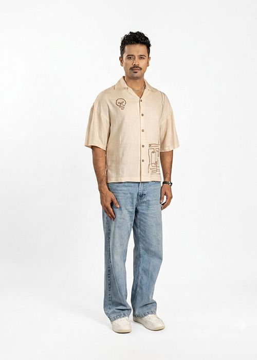 Beige Linen Printed Casual Shirt