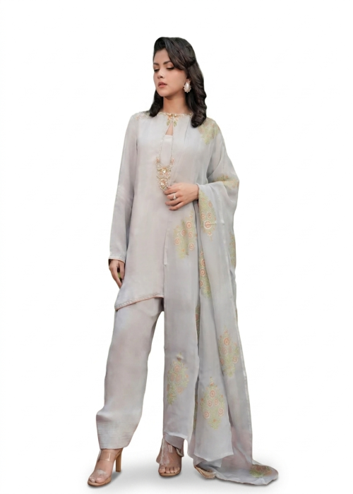Silver Grey Organza Kurta Set with Floral Embroidery