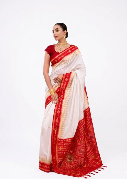 Off White Silk Saree with Red Zari Woven Border