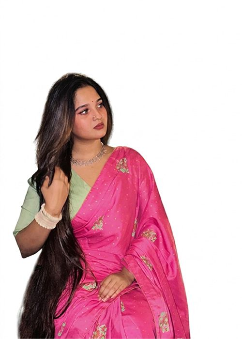 Pink Silk Embroidered Saree with Contrast Blouse