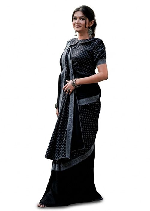 Black Silk Saree with Silver Woven Motifs