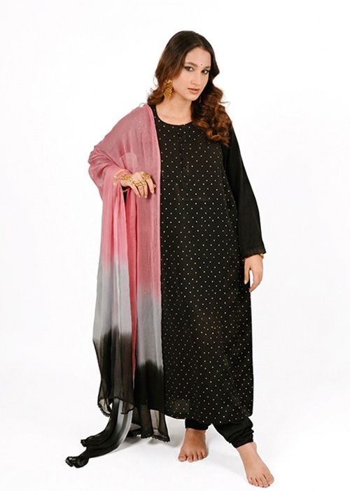 Black Cotton Gold Dot Kurta Dupatta Set