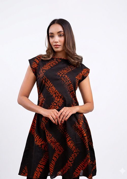 Black Printed Cotton A-Line Dress with Cap Sleeves