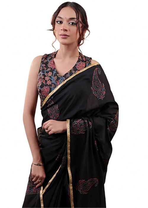 Black Cotton Saree with Printed Paisley Motifs