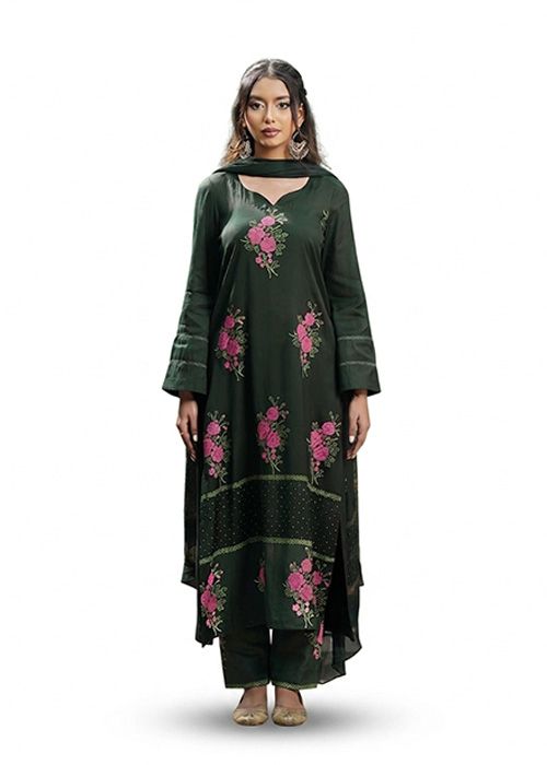 Dark Green Silk Floral Embroidered Kurta Set