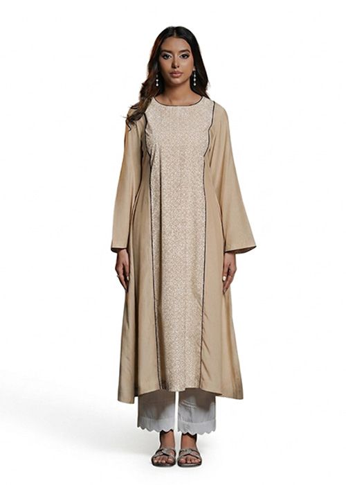 Beige Silk Embroidered Panel Kurta Set