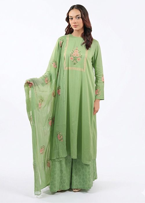 Mint Green Embroidered Kurta Palazzo Set with Dupatta