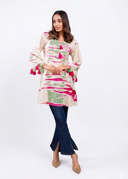Beige Tie-Dye Cotton Kurta with Tassel Detail