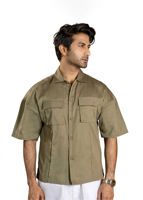 Olive Cotton Utility Casual Shirt