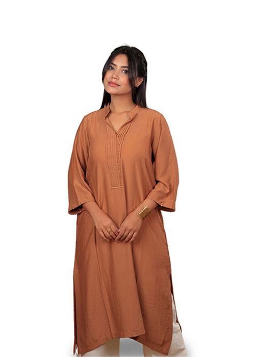 Rust Cotton Minimal Pleated Kurti