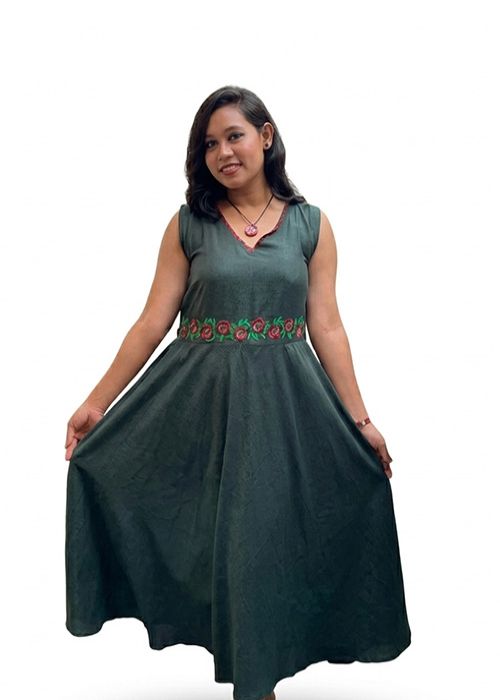Dark Green Cotton Flared Dress with Embroidered Waist