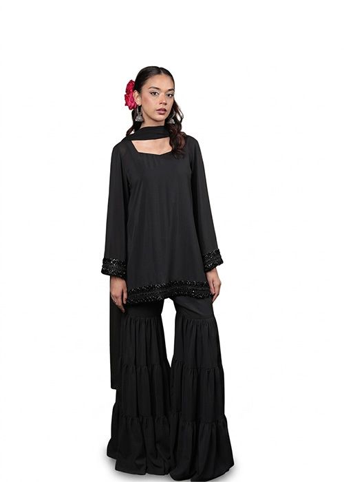 Black Chiffon Embellished Kurta Palazzo Set