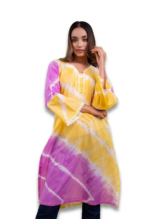 Yellow Pink Tie-Dye Cotton Kurti with Lace Detail