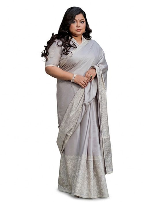 Silver Grey Silk Saree with Woven Zari Border