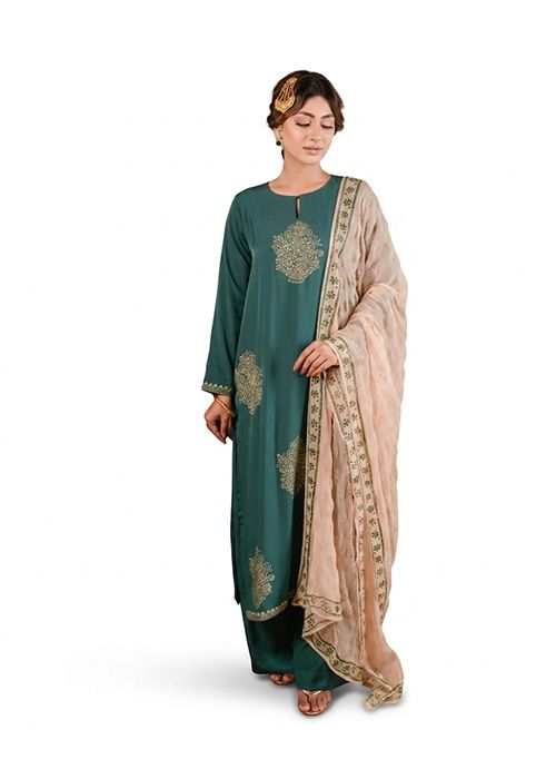 Teal Silk Embroidered Kurta Dupatta Set