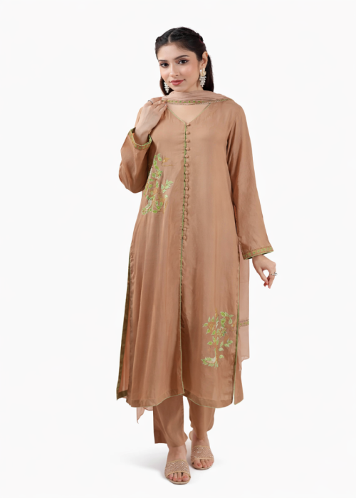 Beige Embroidered Chiffon Kurta Set with Straight Pants