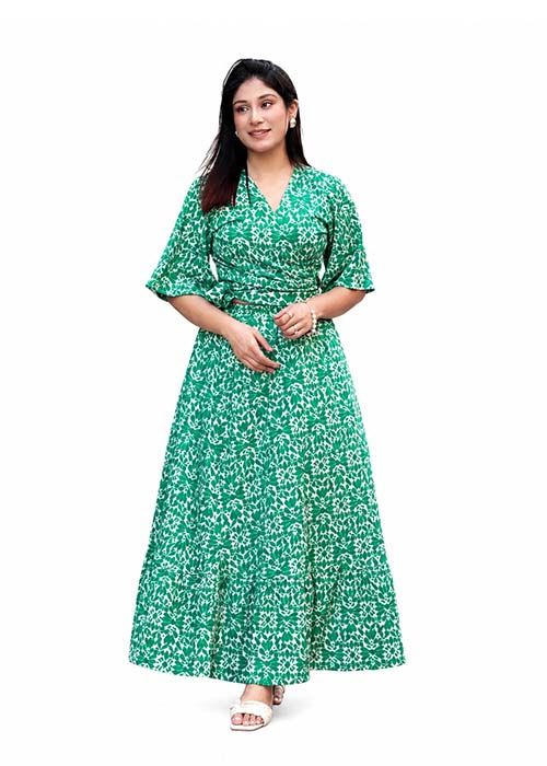 Green Printed Wrap Dress Set