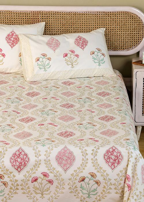Ivory Floral Handblock Printed  Bedsheet