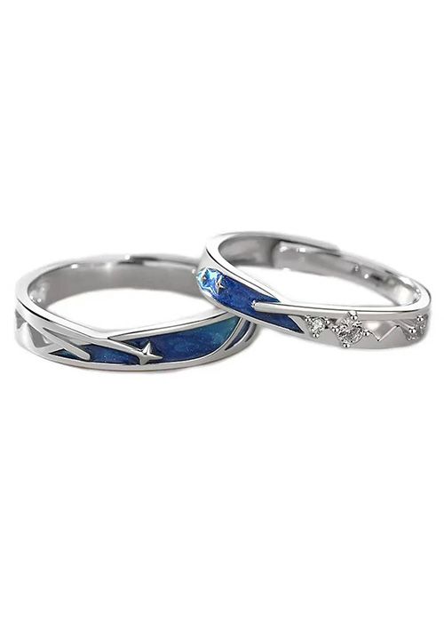 925 Sterling Silver Blue Star Inlay Couple Ring Set