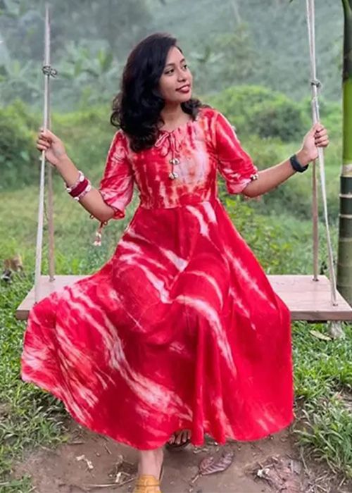 Red Tie-Dye Cotton Flared Dress